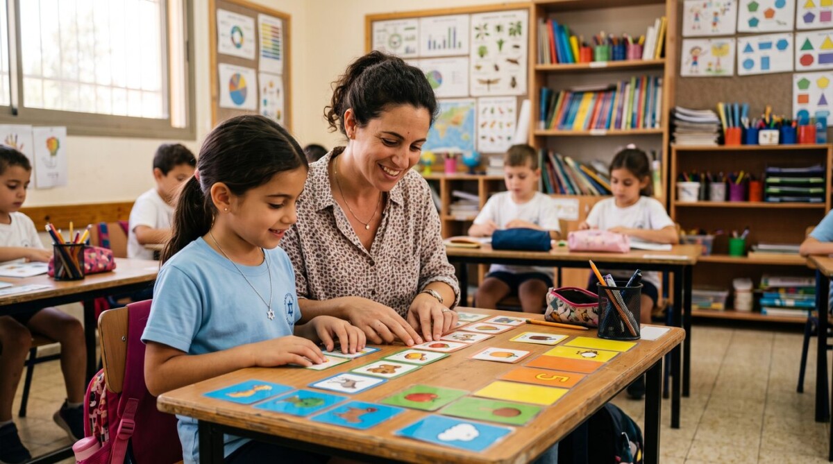 מורה ותלמיד מסדרים יחד כרטיסיות משימות צבעוניות בכיתה