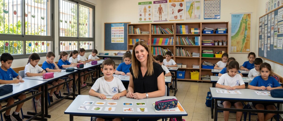מורה ותלמיד מסדרים יחד כרטיסיות משימות צבעוניות בכיתה