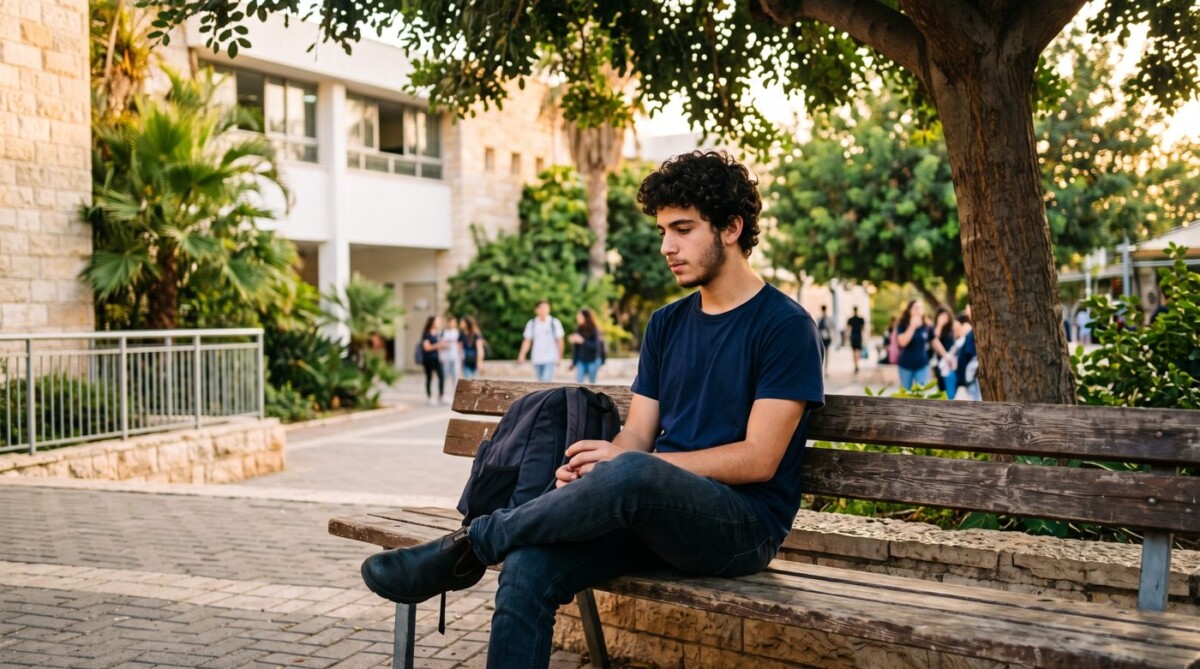 נער יושב לבד על ספסל עץ בחצר בית ספר, מבט מהורהר, תלמידים ברקע