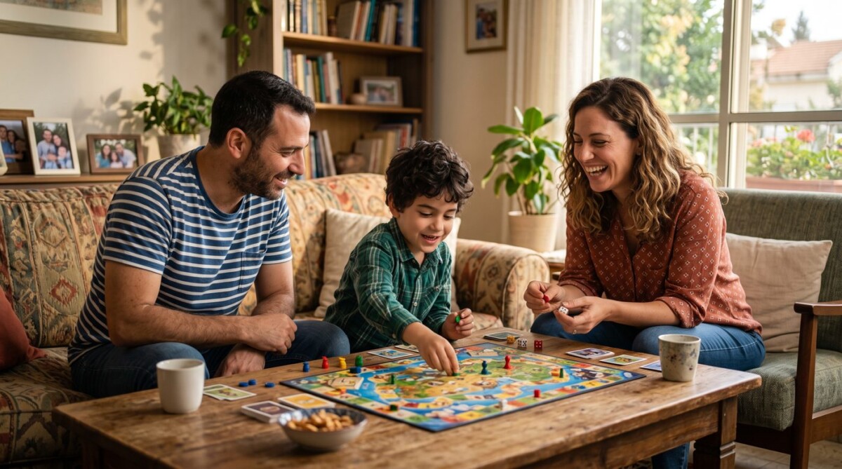 אב, אם וילד משחקים משחק קופסה על שולחן בסלון ביתי