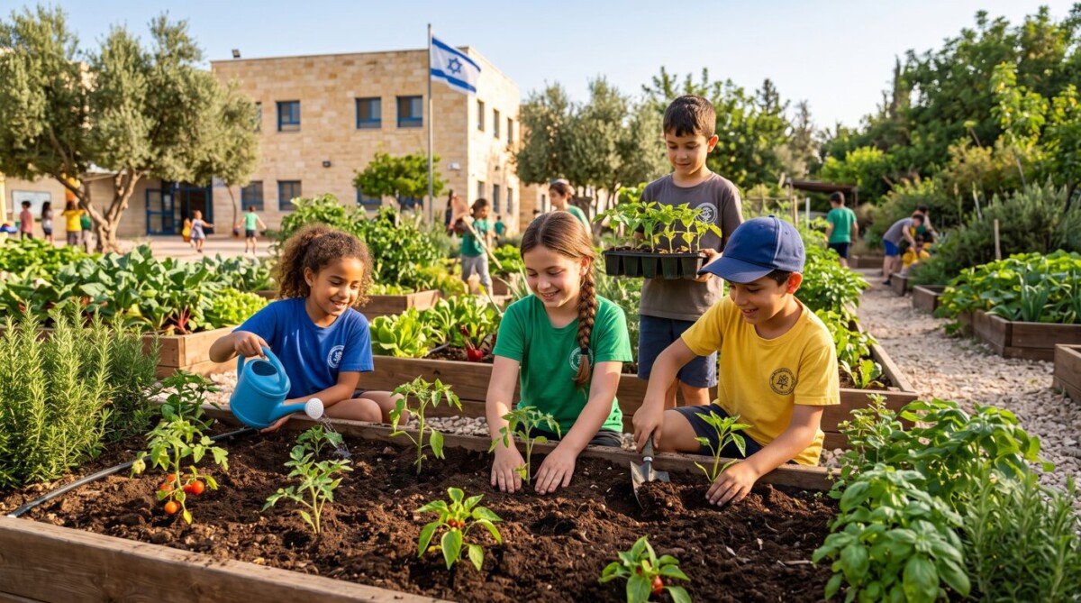 ילדים שותלים שתילים בערוגות גינה בחצר בית ספר, דגל ישראל ברקע