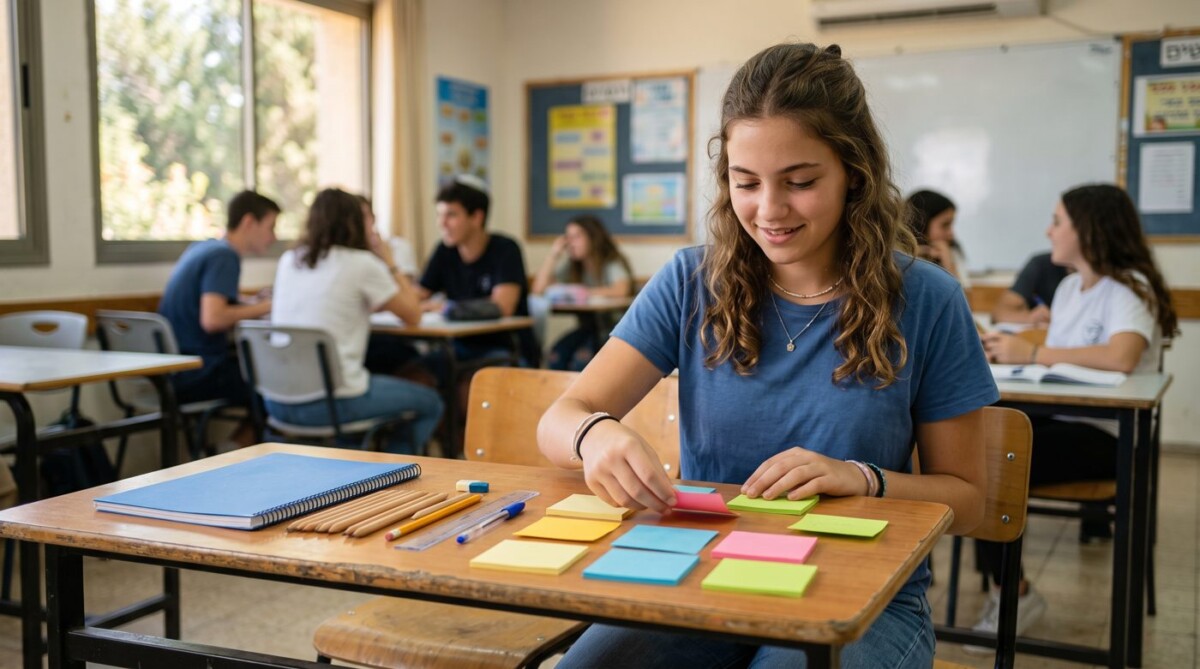 תלמידה בכיתה בבית ספר ישראלי מסדרת פתקיות צבעוניות על שולחן הלימוד