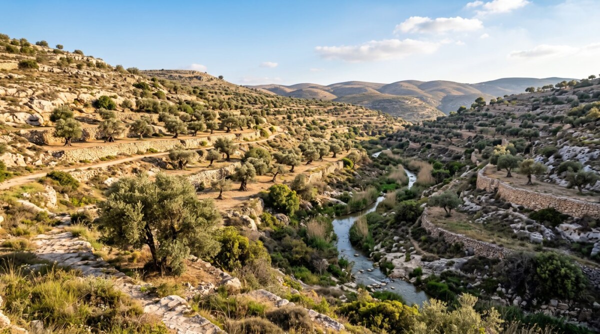 נחל זורם בין טרסות עתיקות ועצי זית בהרי יהודה באור בוקר