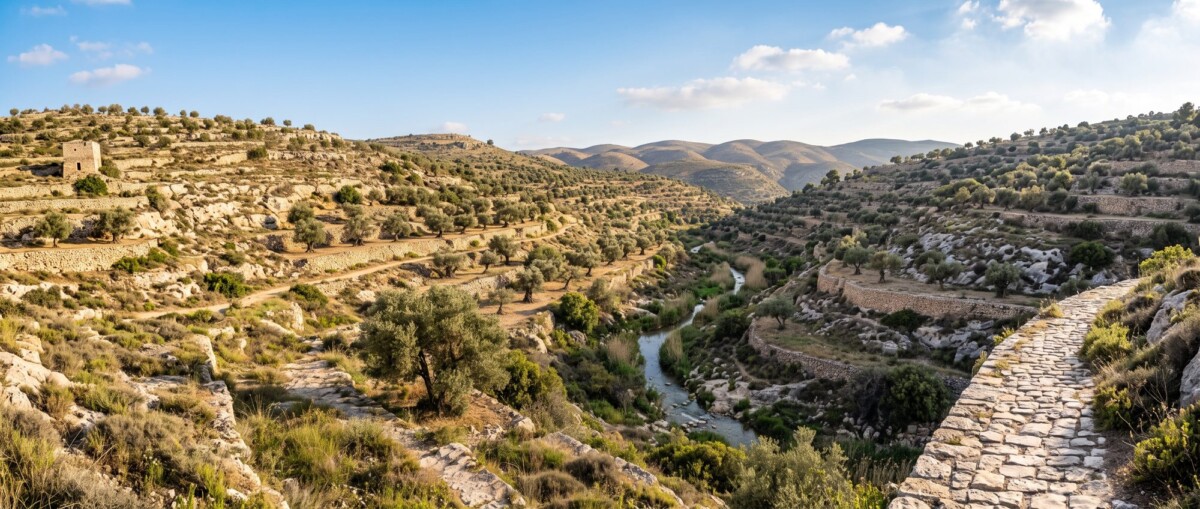 נחל זורם בין טרסות עתיקות ועצי זית בהרי יהודה באור בוקר