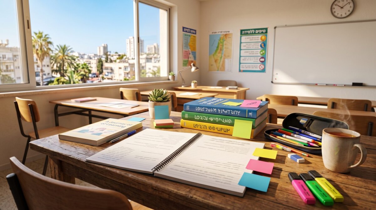 שולחן לימוד בכיתה עם מחברת פתוחה, ספרים צבעוניים, פתקיות ועטים באור חלון
