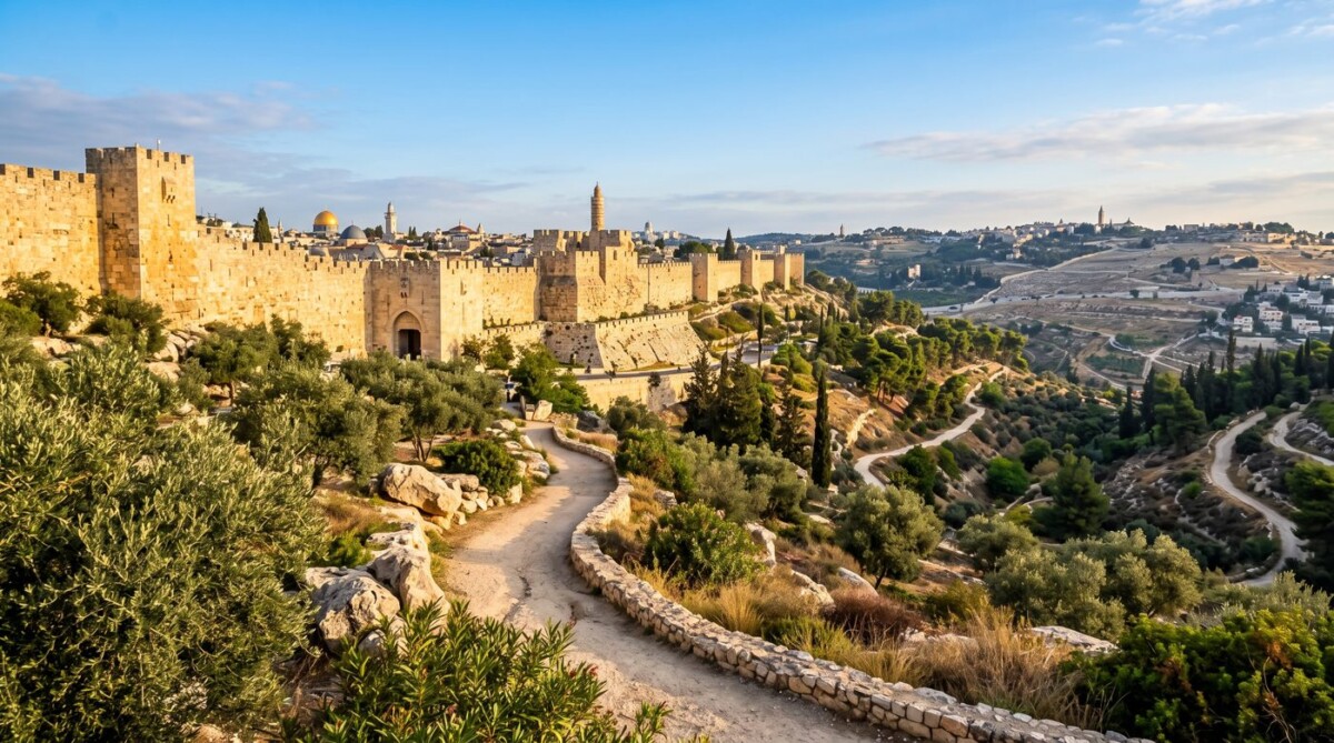 חומות העיר העתיקה בירושלים ושביל אבן באור בוקר, כיפת הזהב ברקע