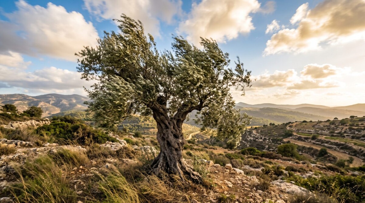 עץ זית עתיק על גבעה ברוח, נוף הרים ירוק ושמיים כחולים עם עננים