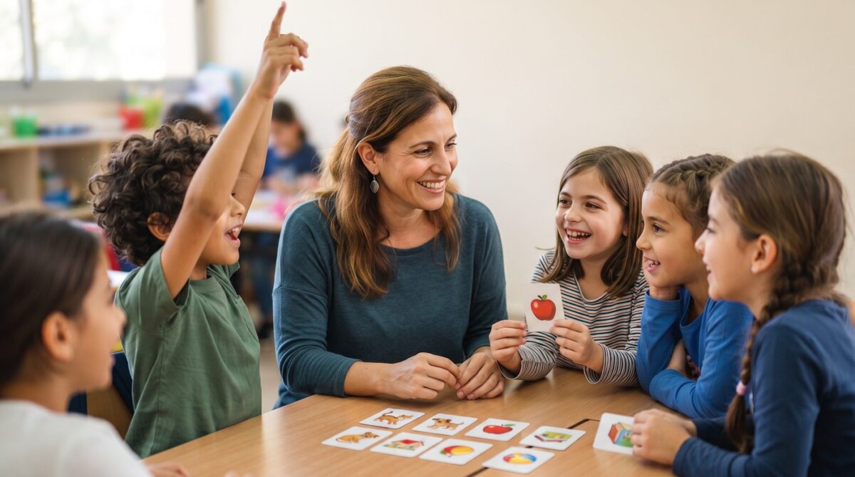 מורה משחקת עם תלמידי כיתה ד' במשחק קלפים מאוירים בשיעור אנגלית