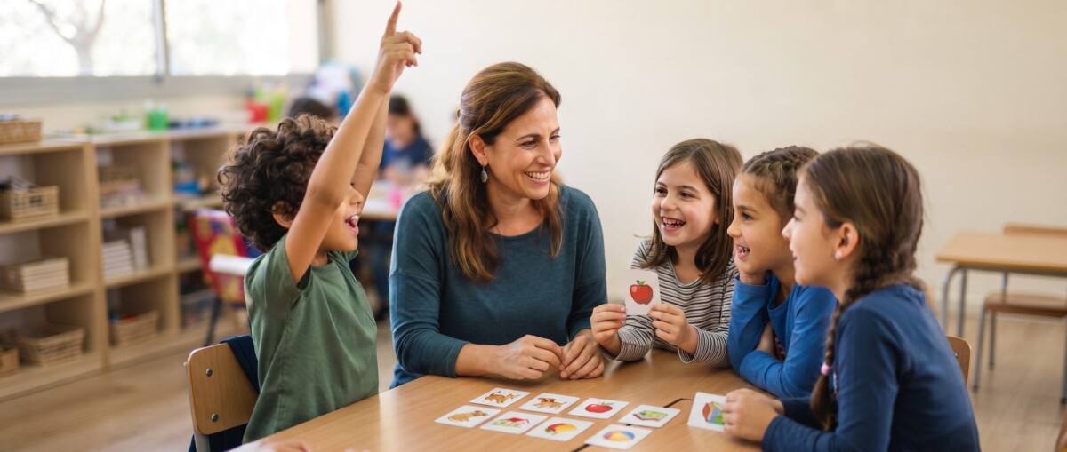 מורה משחקת עם תלמידי כיתה ד' במשחק קלפים מאוירים בשיעור אנגלית
